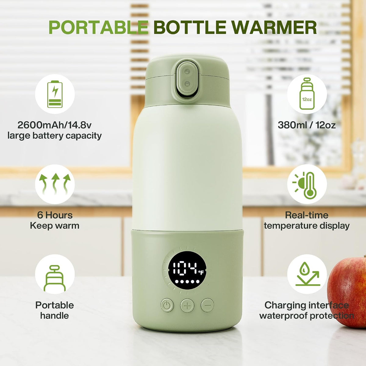 Portable Bottle Warmer for Travel, Fast Heating Baby Bottle Warmer with Keep Warm Function, Portable Milk Warmer for Breast Milk & Formula, 13oz Large Capacity On-the-Go Feeding Solution