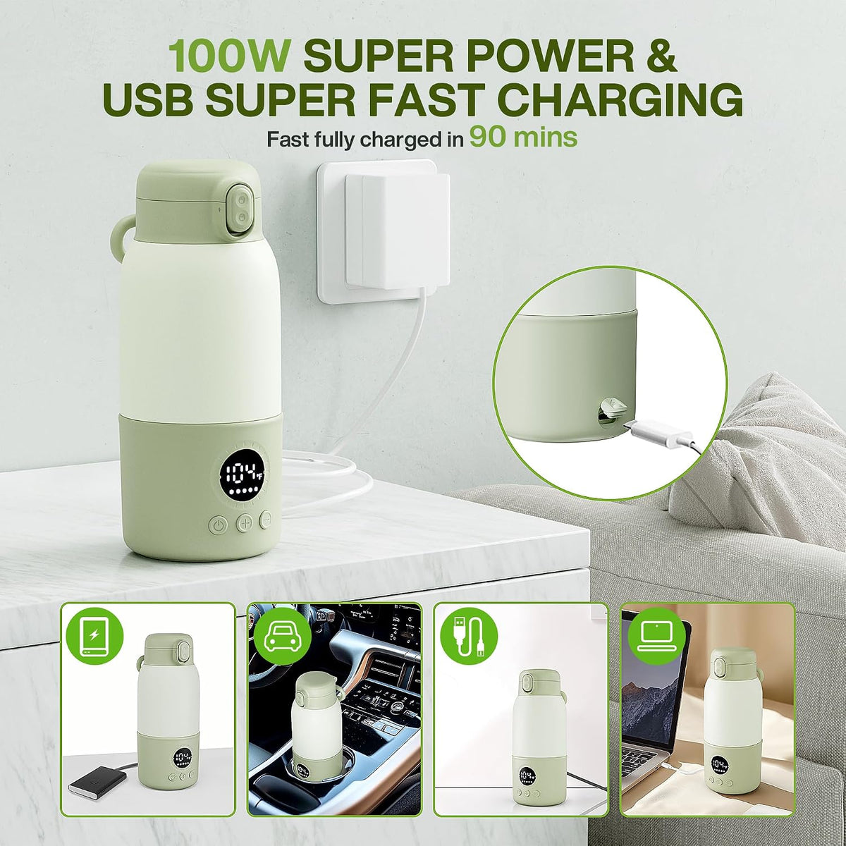 Portable Bottle Warmer for Travel, Fast Heating Baby Bottle Warmer with Keep Warm Function, Portable Milk Warmer for Breast Milk & Formula, 13oz Large Capacity On-the-Go Feeding Solution