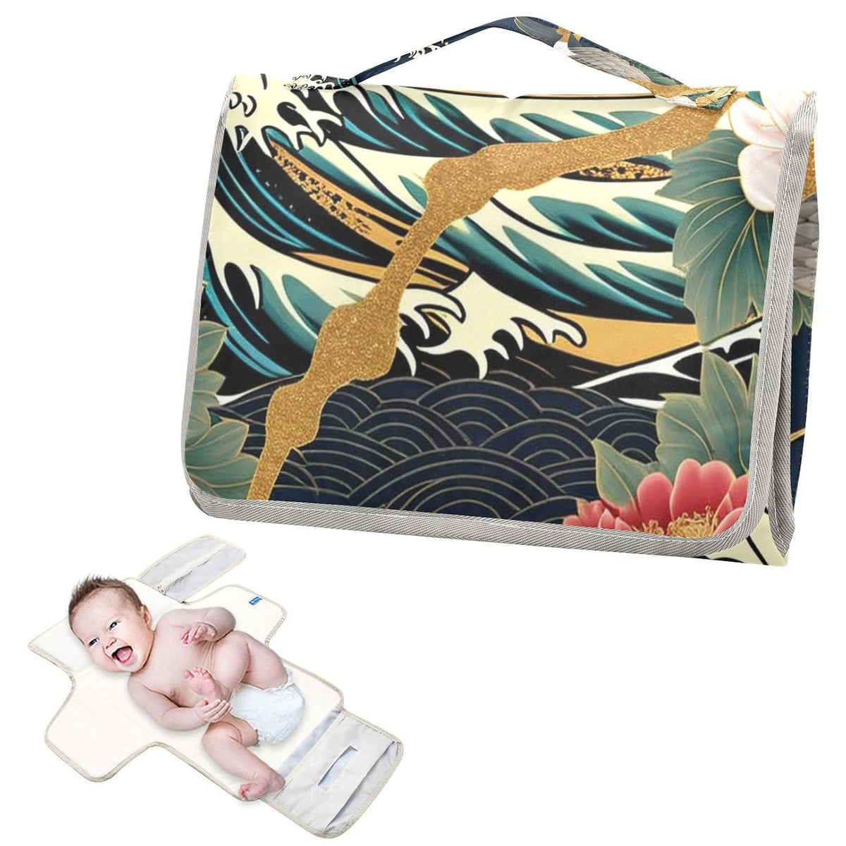 Luxurious Japanese Pattern Portable Diaper Changing Pad - Waterproof Travel Mat with Head Cushion, Diaper & Wipes Pockets, Foldable Baby Changing Mat for On-The-Go Parents