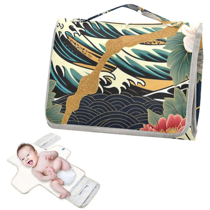Luxurious Japanese Pattern Portable Diaper Changing Pad - Waterproof Travel Mat with Head Cushion, Diaper & Wipes Pockets, Foldable Baby Changing Mat for On-The-Go Parents