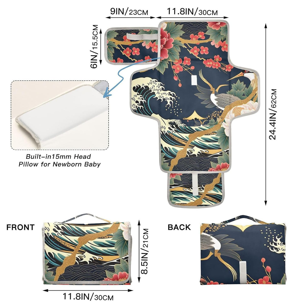 Luxurious Japanese Pattern Portable Diaper Changing Pad - Waterproof Travel Mat with Head Cushion, Diaper & Wipes Pockets, Foldable Baby Changing Mat for On-The-Go Parents