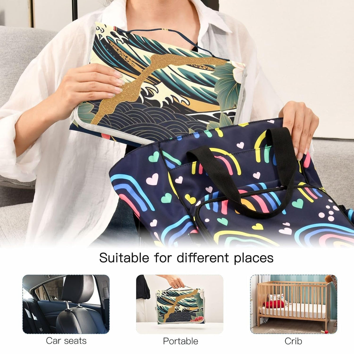 Luxurious Japanese Pattern Portable Diaper Changing Pad - Waterproof Travel Mat with Head Cushion, Diaper & Wipes Pockets, Foldable Baby Changing Mat for On-The-Go Parents