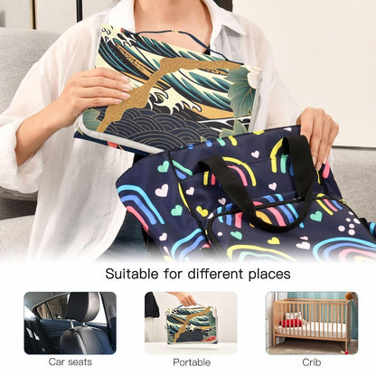 Luxurious Japanese Pattern Portable Diaper Changing Pad - Waterproof Travel Mat with Head Cushion, Diaper & Wipes Pockets, Foldable Baby Changing Mat for On-The-Go Parents