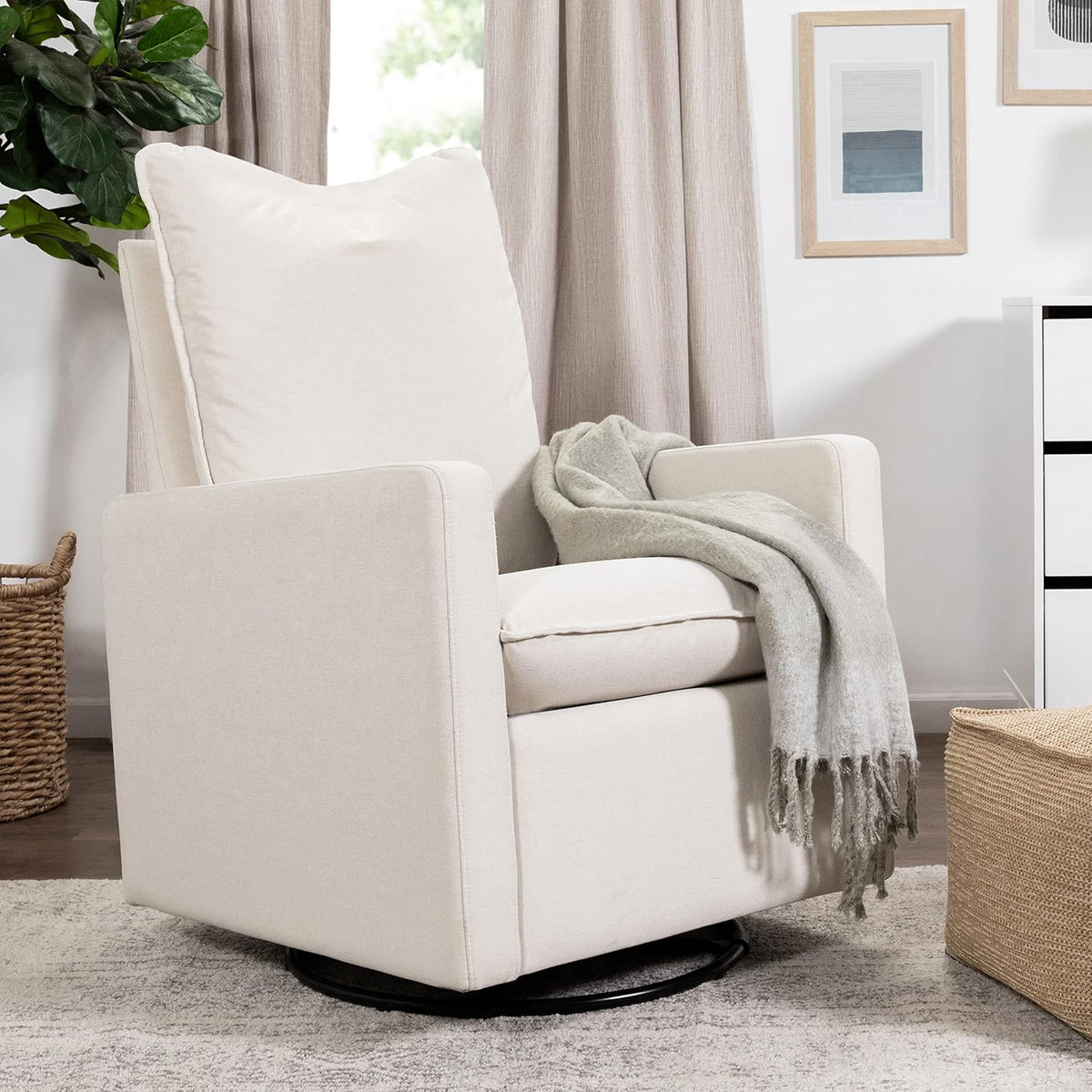 Cali Pillowback Swivel Glider in Performance Plastic Cream Eco-Weave, Water Repellent & Stain Resistant, Greenguard Gold and CertiPUR-US Certified