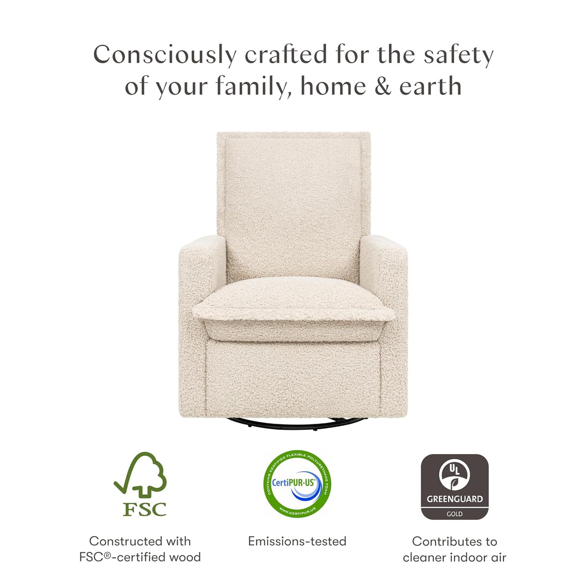 Cali Pillowback Swivel Glider in Performance Plastic Cream Eco-Weave, Water Repellent & Stain Resistant, Greenguard Gold and CertiPUR-US Certified