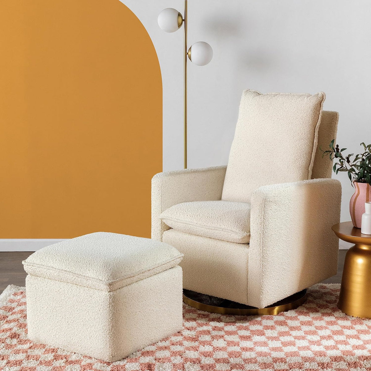 Cali Pillowback Swivel Glider in Performance Plastic Cream Eco-Weave, Water Repellent & Stain Resistant, Greenguard Gold and CertiPUR-US Certified