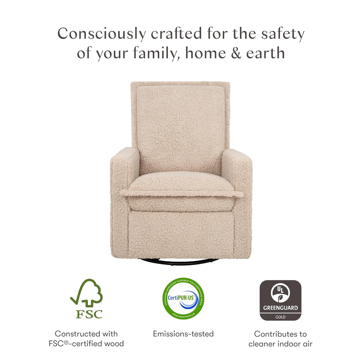 Cali Pillowback Swivel Glider in Performance Plastic Cream Eco-Weave, Water Repellent & Stain Resistant, Greenguard Gold and CertiPUR-US Certified