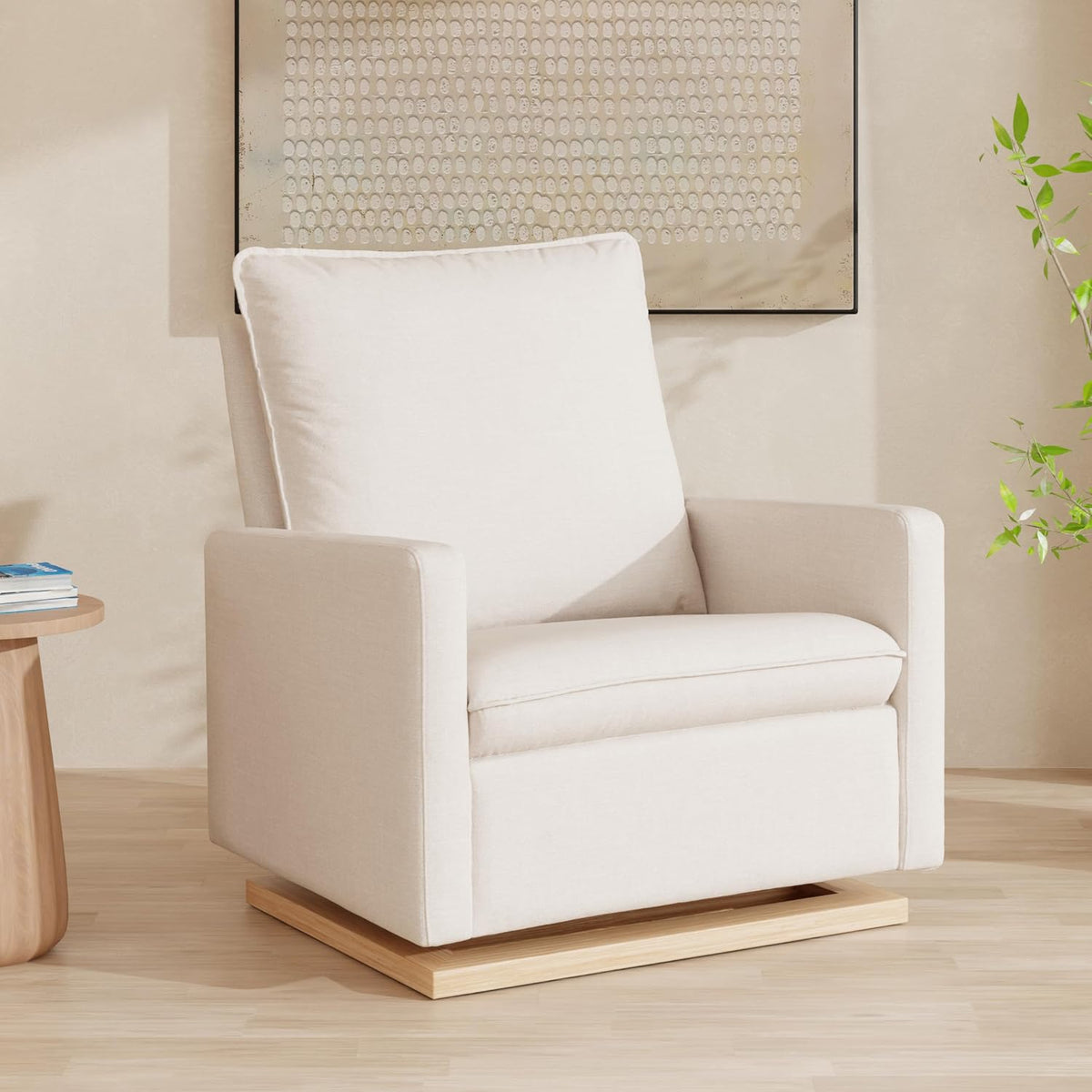 Cali Pillowback Swivel Glider in Performance Plastic Cream Eco-Weave, Water Repellent & Stain Resistant, Greenguard Gold and CertiPUR-US Certified