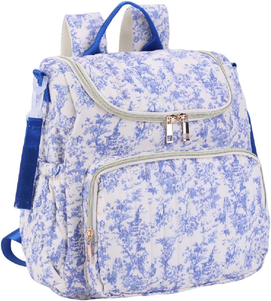 Quilted Diaper Bag Backpack, Compact Floral Diaper Backpack Purse with Stroller Straps Baby Travel Hospital Bag