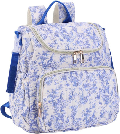 Quilted Diaper Bag Backpack, Compact Floral Diaper Backpack Purse with Stroller Straps Baby Travel Hospital Bag