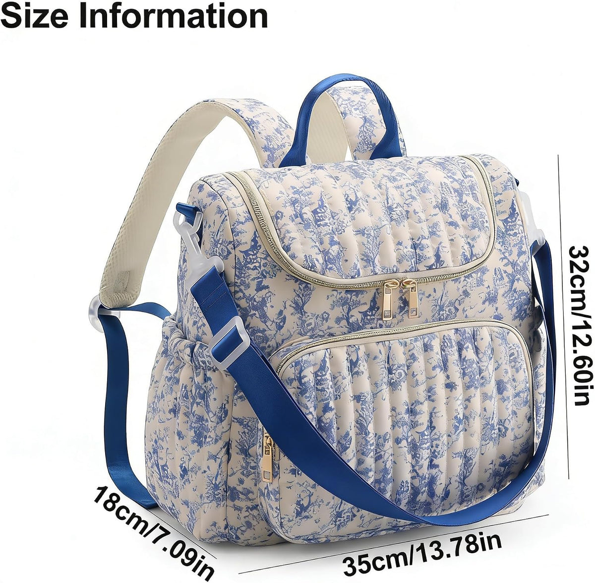 Quilted Diaper Bag Backpack, Compact Floral Diaper Backpack Purse with Stroller Straps Baby Travel Hospital Bag