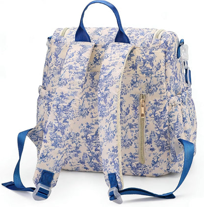 Quilted Diaper Bag Backpack, Compact Floral Diaper Backpack Purse with Stroller Straps Baby Travel Hospital Bag