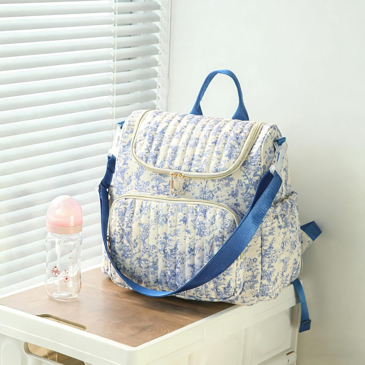 Quilted Diaper Bag Backpack, Compact Floral Diaper Backpack Purse with Stroller Straps Baby Travel Hospital Bag