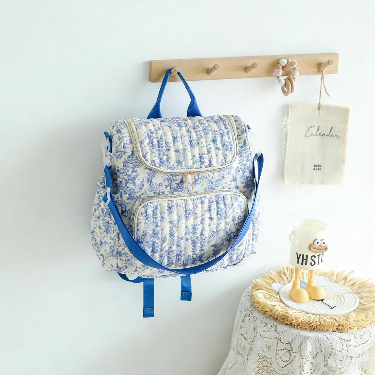 Quilted Diaper Bag Backpack, Compact Floral Diaper Backpack Purse with Stroller Straps Baby Travel Hospital Bag
