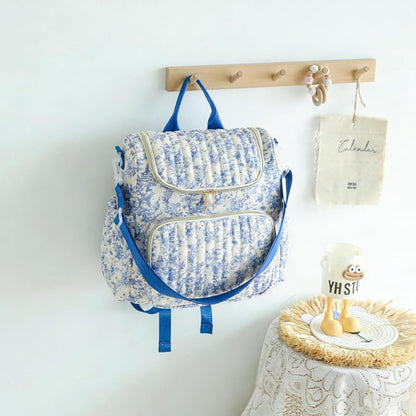 Quilted Diaper Bag Backpack, Compact Floral Diaper Backpack Purse with Stroller Straps Baby Travel Hospital Bag