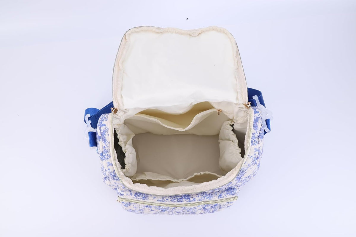 Quilted Diaper Bag Backpack, Compact Floral Diaper Backpack Purse with Stroller Straps Baby Travel Hospital Bag