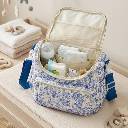 Quilted Diaper Bag Backpack, Compact Floral Diaper Backpack Purse with Stroller Straps Baby Travel Hospital Bag