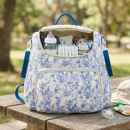 Quilted Diaper Bag Backpack, Compact Floral Diaper Backpack Purse with Stroller Straps Baby Travel Hospital Bag