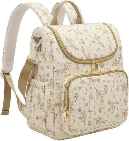 Quilted Diaper Bag Backpack, Compact Floral Diaper Backpack Purse with Stroller Straps Baby Travel Hospital Bag