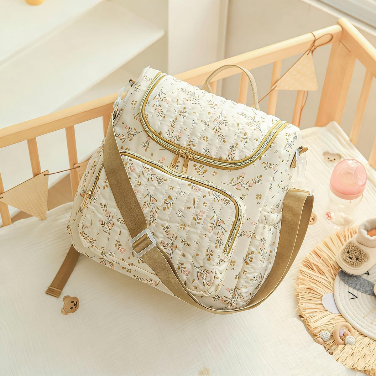 Quilted Diaper Bag Backpack, Compact Floral Diaper Backpack Purse with Stroller Straps Baby Travel Hospital Bag