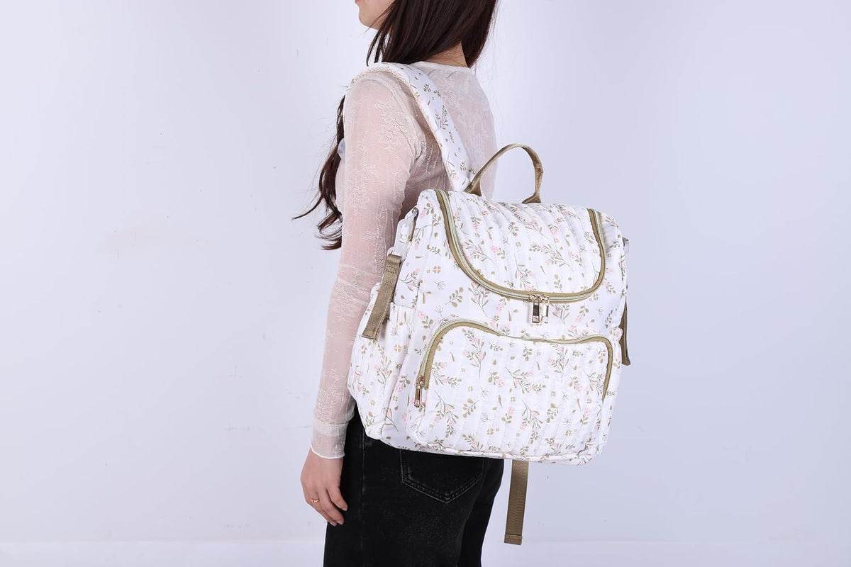 Quilted Diaper Bag Backpack, Compact Floral Diaper Backpack Purse with Stroller Straps Baby Travel Hospital Bag