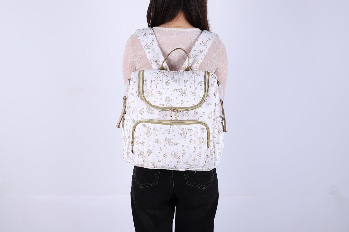 Quilted Diaper Bag Backpack, Compact Floral Diaper Backpack Purse with Stroller Straps Baby Travel Hospital Bag