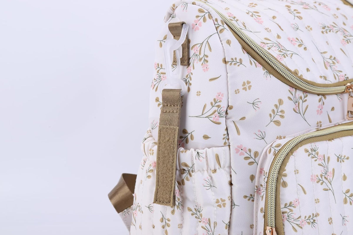 Quilted Diaper Bag Backpack, Compact Floral Diaper Backpack Purse with Stroller Straps Baby Travel Hospital Bag