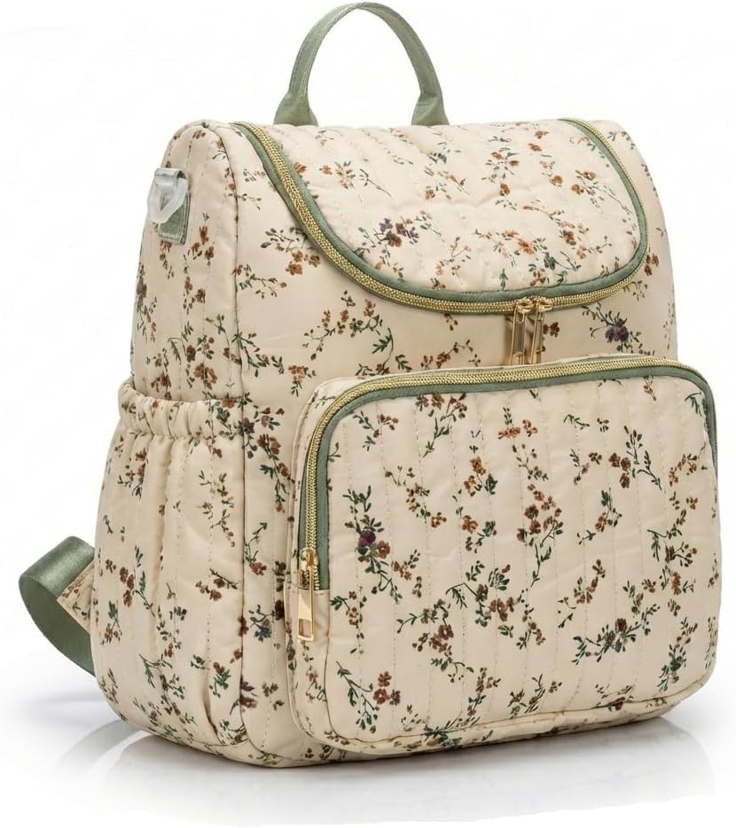 Quilted Diaper Bag Backpack, Compact Floral Diaper Backpack Purse with Stroller Straps Baby Travel Hospital Bag