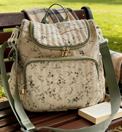Quilted Diaper Bag Backpack, Compact Floral Diaper Backpack Purse with Stroller Straps Baby Travel Hospital Bag