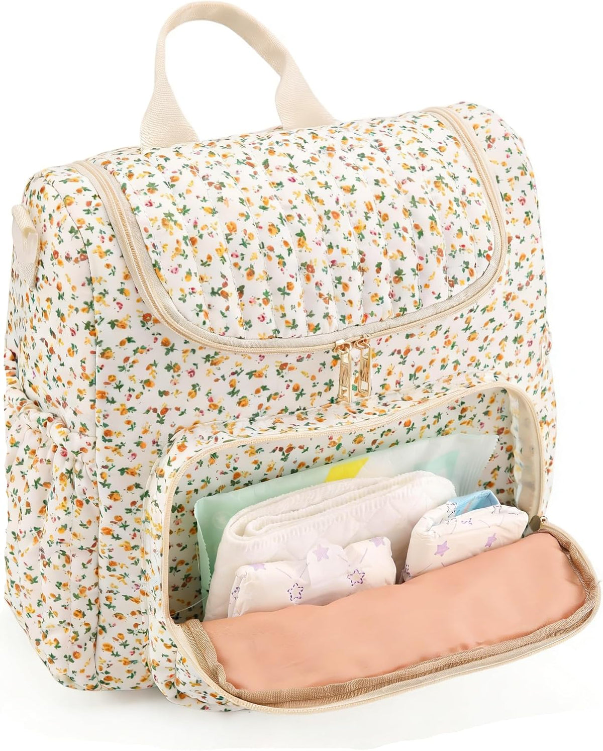 Quilted Diaper Bag Backpack, Compact Floral Diaper Backpack Purse with Stroller Straps Baby Travel Hospital Bag
