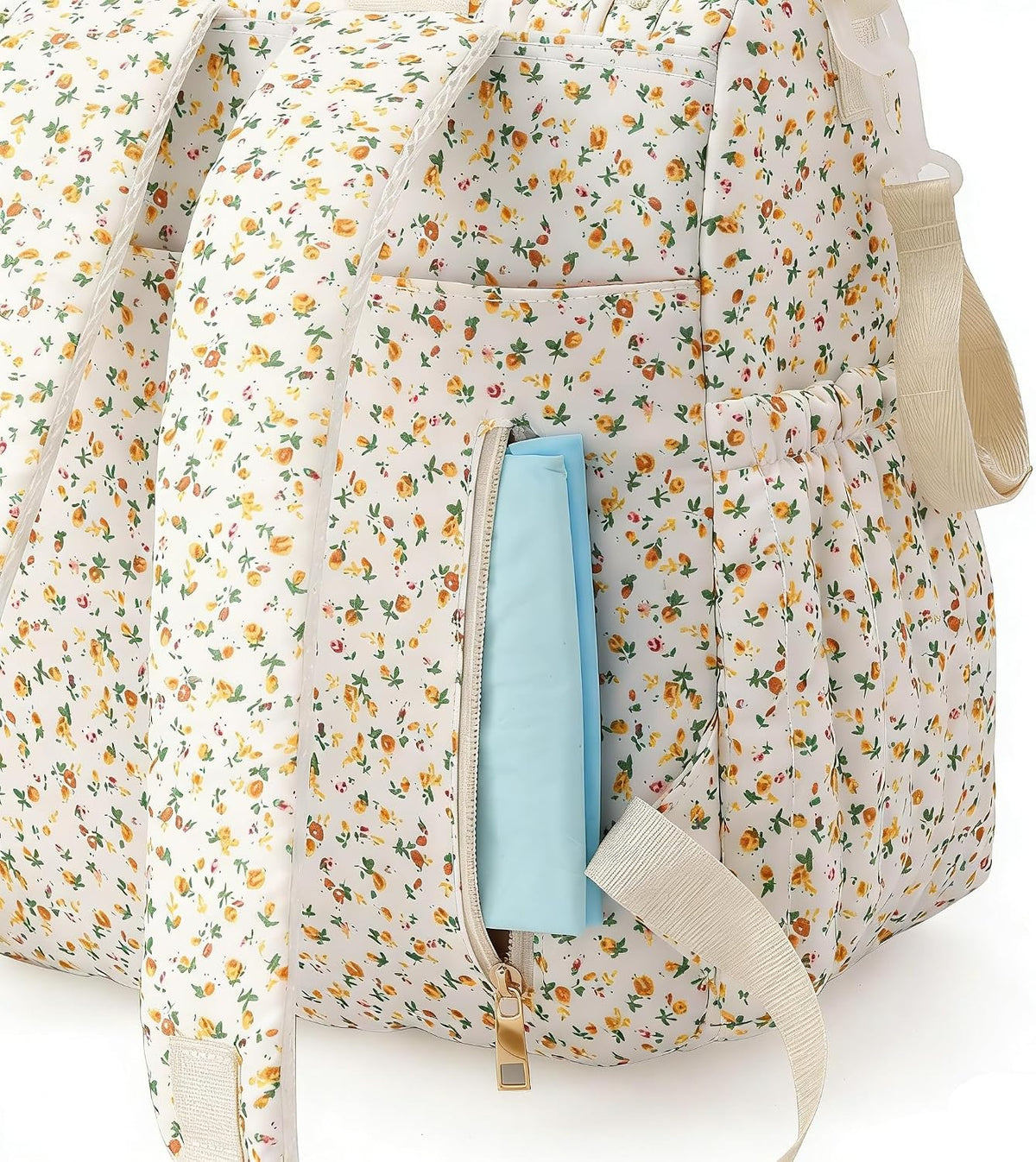 Quilted Diaper Bag Backpack, Compact Floral Diaper Backpack Purse with Stroller Straps Baby Travel Hospital Bag