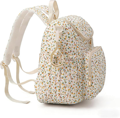 Quilted Diaper Bag Backpack, Compact Floral Diaper Backpack Purse with Stroller Straps Baby Travel Hospital Bag