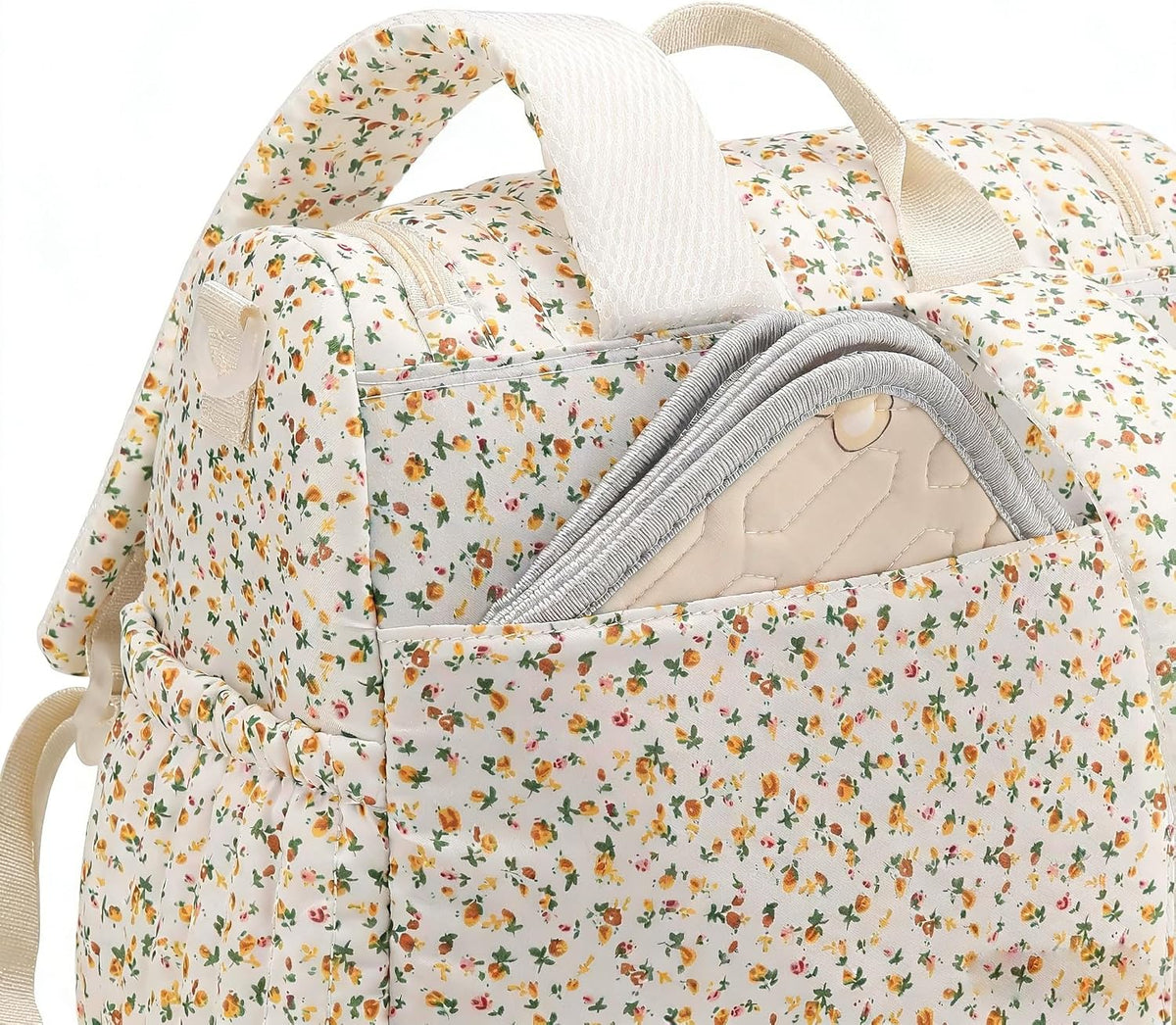 Quilted Diaper Bag Backpack, Compact Floral Diaper Backpack Purse with Stroller Straps Baby Travel Hospital Bag