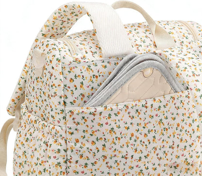 Quilted Diaper Bag Backpack, Compact Floral Diaper Backpack Purse with Stroller Straps Baby Travel Hospital Bag