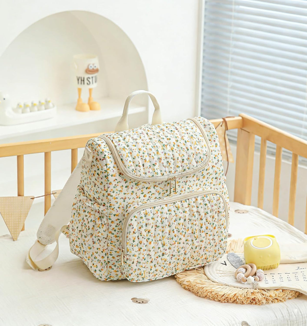 Quilted Diaper Bag Backpack, Compact Floral Diaper Backpack Purse with Stroller Straps Baby Travel Hospital Bag