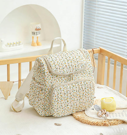 Quilted Diaper Bag Backpack, Compact Floral Diaper Backpack Purse with Stroller Straps Baby Travel Hospital Bag