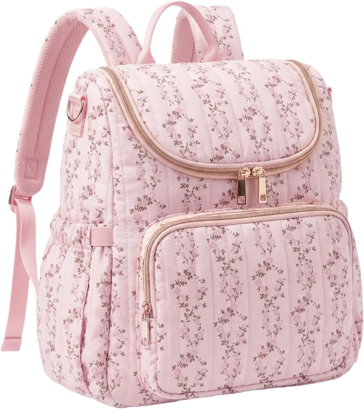 Quilted Diaper Bag Backpack, Compact Floral Diaper Backpack Purse with Stroller Straps Baby Travel Hospital Bag