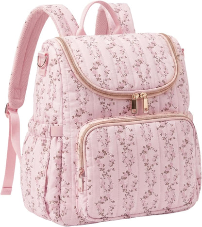 Quilted Diaper Bag Backpack, Compact Floral Diaper Backpack Purse with Stroller Straps Baby Travel Hospital Bag