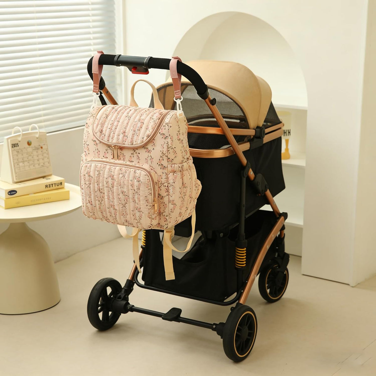 Quilted Diaper Bag Backpack, Compact Floral Diaper Backpack Purse with Stroller Straps Baby Travel Hospital Bag