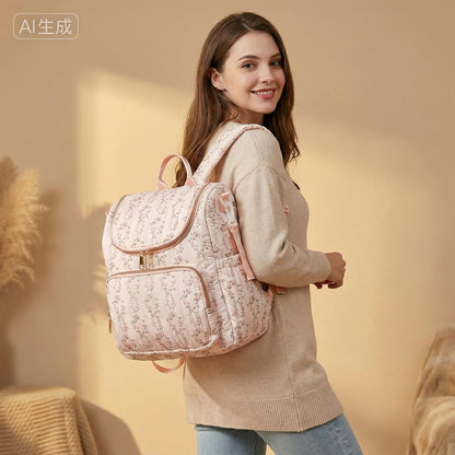 Quilted Diaper Bag Backpack, Compact Floral Diaper Backpack Purse with Stroller Straps Baby Travel Hospital Bag