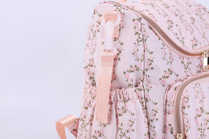 Quilted Diaper Bag Backpack, Compact Floral Diaper Backpack Purse with Stroller Straps Baby Travel Hospital Bag