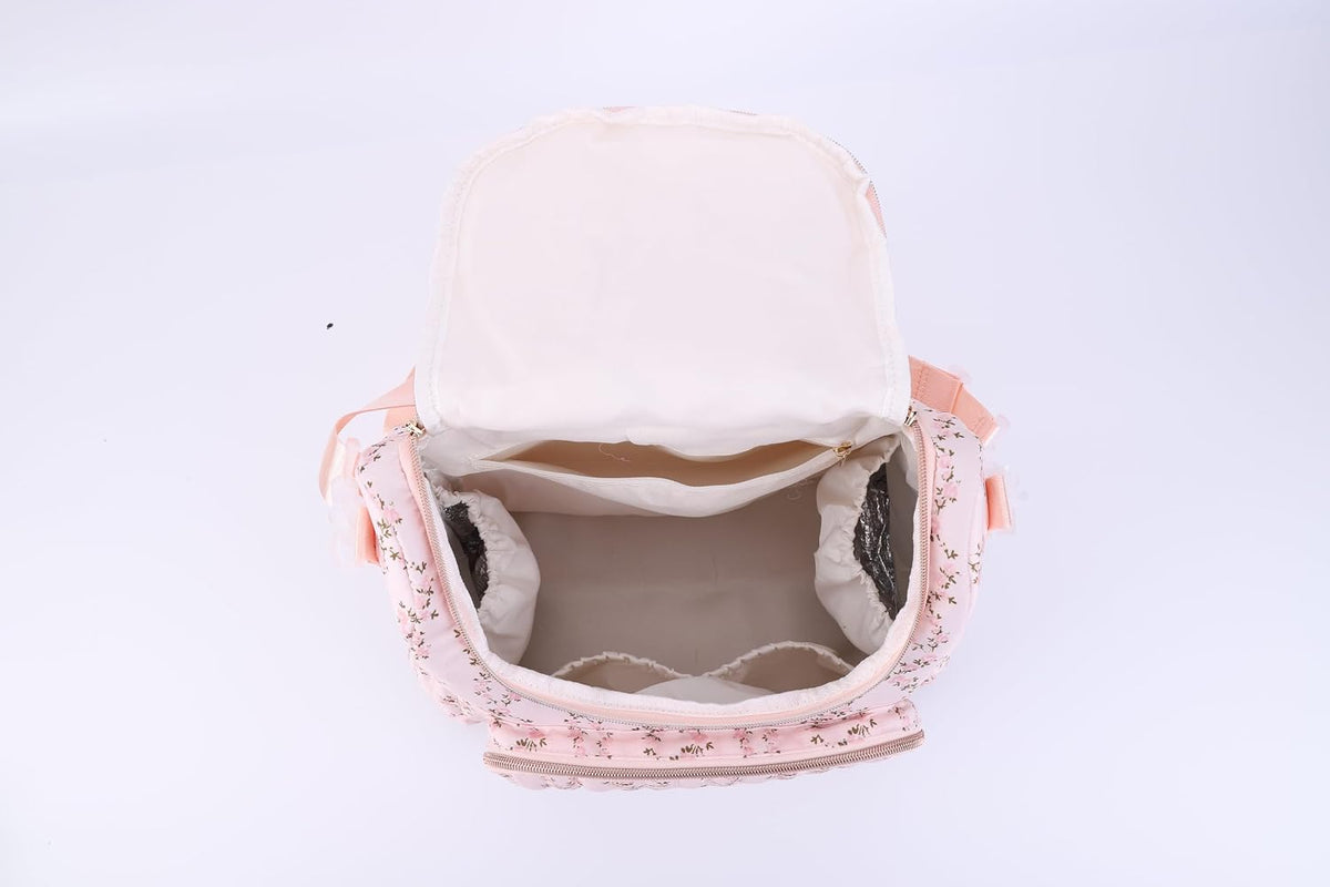 Quilted Diaper Bag Backpack, Compact Floral Diaper Backpack Purse with Stroller Straps Baby Travel Hospital Bag