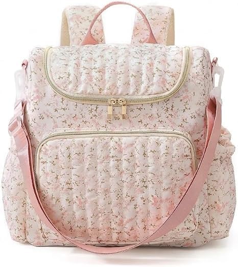 Quilted Diaper Bag Backpack, Compact Floral Diaper Backpack Purse with Stroller Straps Baby Travel Hospital Bag