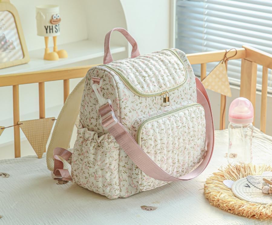 Quilted Diaper Bag Backpack, Compact Floral Diaper Backpack Purse with Stroller Straps Baby Travel Hospital Bag