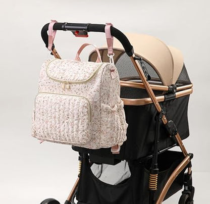 Quilted Diaper Bag Backpack, Compact Floral Diaper Backpack Purse with Stroller Straps Baby Travel Hospital Bag