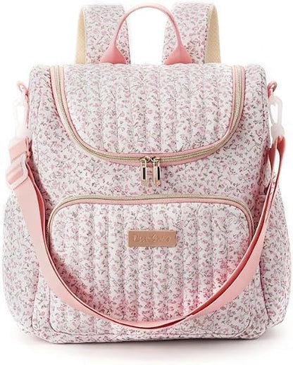 Quilted Diaper Bag Backpack, Compact Floral Diaper Backpack Purse with Stroller Straps Baby Travel Hospital Bag