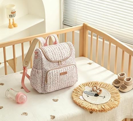 Quilted Diaper Bag Backpack, Compact Floral Diaper Backpack Purse with Stroller Straps Baby Travel Hospital Bag