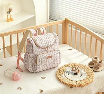 Quilted Diaper Bag Backpack, Compact Floral Diaper Backpack Purse with Stroller Straps Baby Travel Hospital Bag
