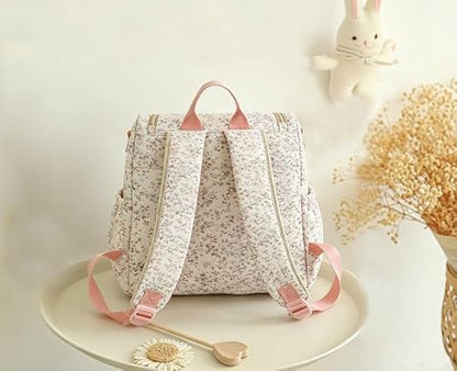 Quilted Diaper Bag Backpack, Compact Floral Diaper Backpack Purse with Stroller Straps Baby Travel Hospital Bag