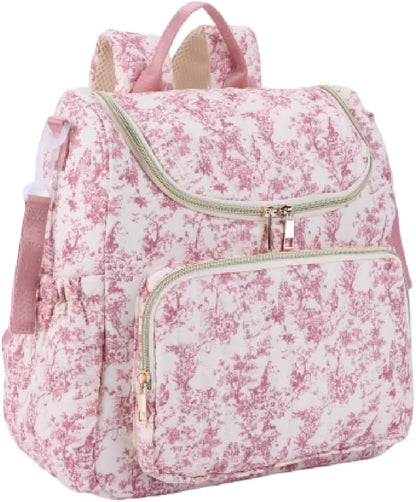 Quilted Diaper Bag Backpack, Compact Floral Diaper Backpack Purse with Stroller Straps Baby Travel Hospital Bag